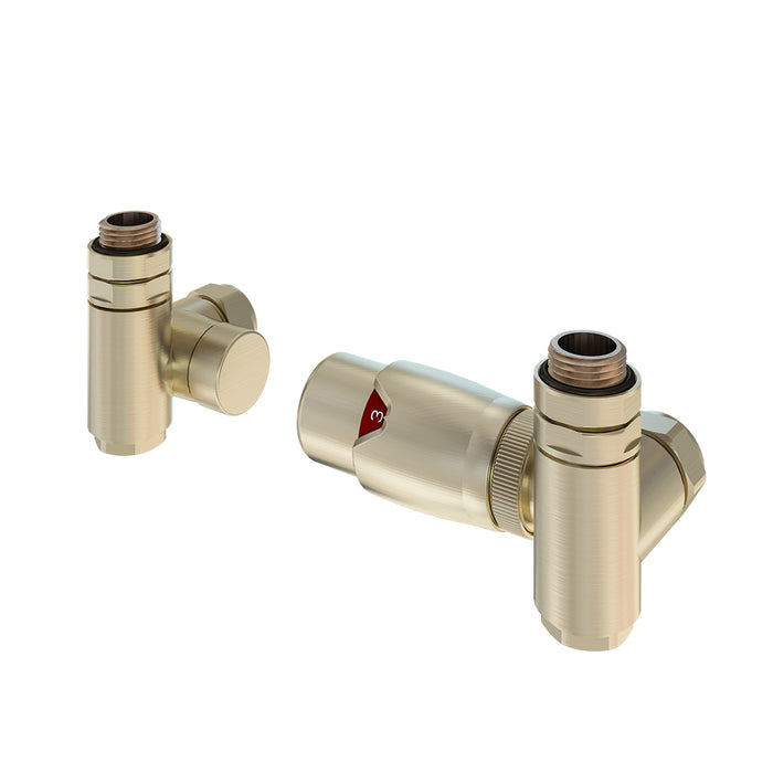 Eastbrook Brushed Brass Corner Dual Fuel Thermostatic Radiator Valve & Lockshield - 41.0608