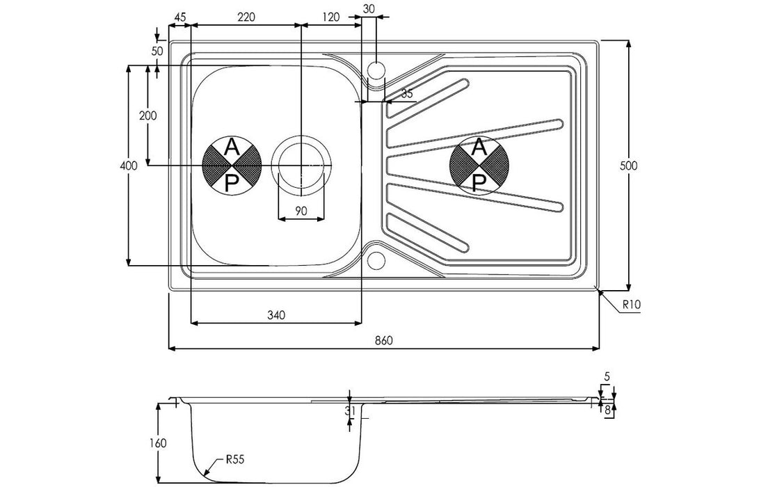 Abode AW5054 Trydent 860x500mm 1 Bowl Inset Sink - Stainless Steel