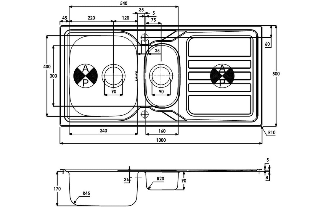 Abode AW5055 Trydent 1000x500mm 1.5 Bowl Inset Sink - Stainless Steel