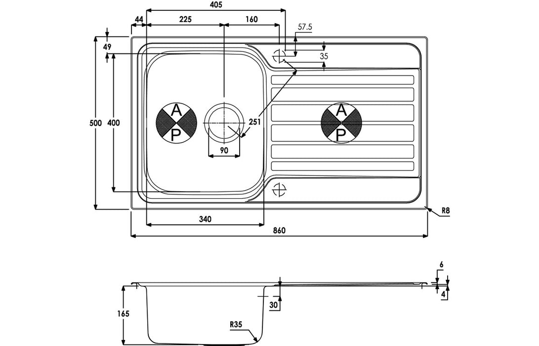 Abode AW5056 Connekt 860x500mm 1 Bowl Inset Sink - Stainless Steel