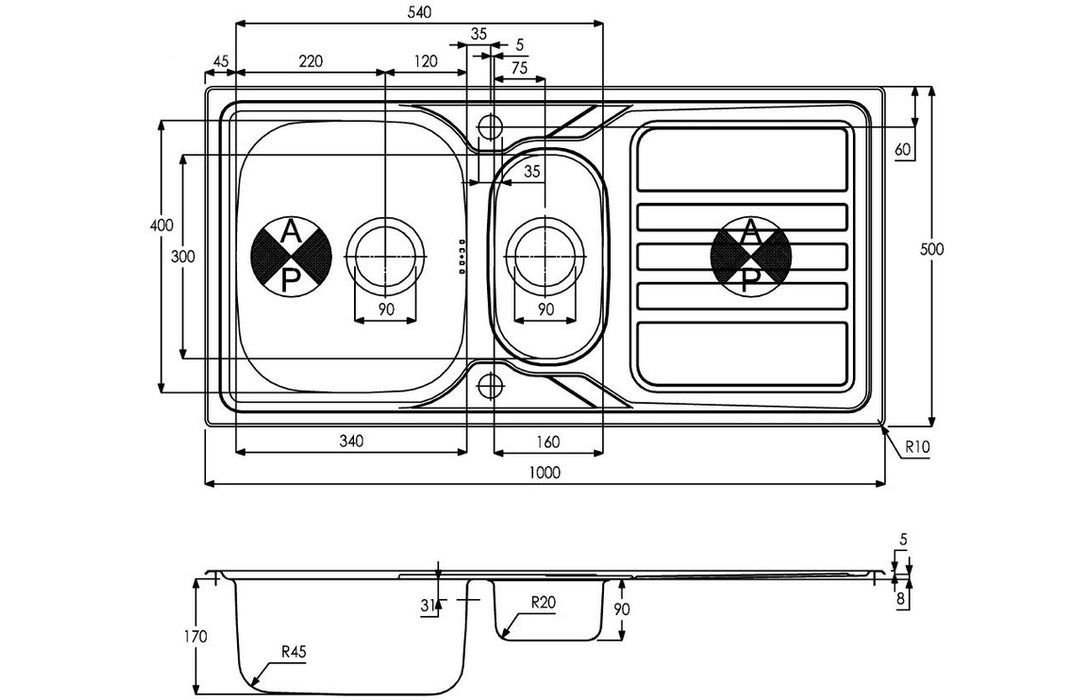 Abode AW5061 Mikro 1000x500mm 1.5 Bowl Inset Sink - Stainless Steel