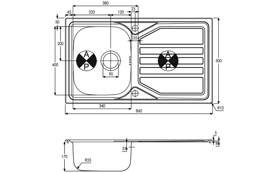 Abode AW5062 Mikro 860x500mm 1 Bowl Inset Sink - Stainless Steel