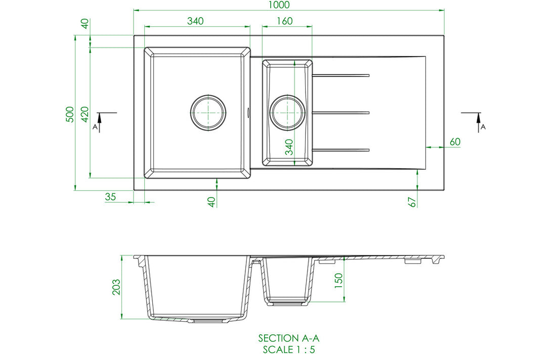 Prima CPR322 1000x500mm 1.5 Bowl Inset Granite Sink - Black