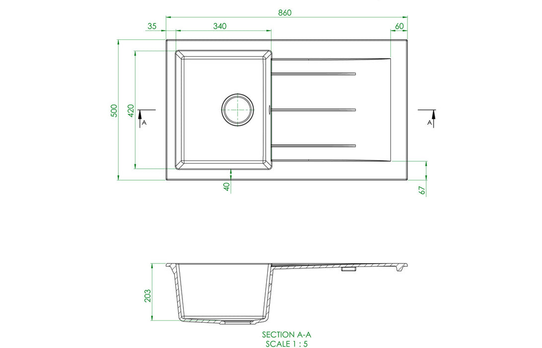 Prima CPR344 860x500mm 1 Bowl Inset Granite Sink - Black