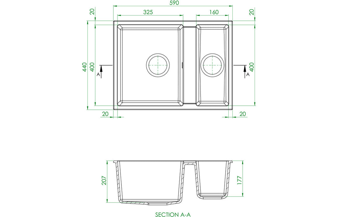 Prima CPR359 590x440mm 1.5 Bowl Undermount Granite Sink - Black