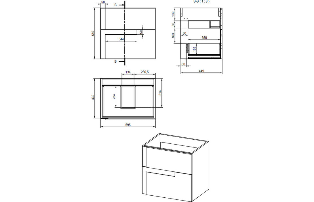 Contrast 605mm Wall Hung 2 Drawer Unit & Co-Ordinating Basin Matt Black & Black Glass - DIFTP2308