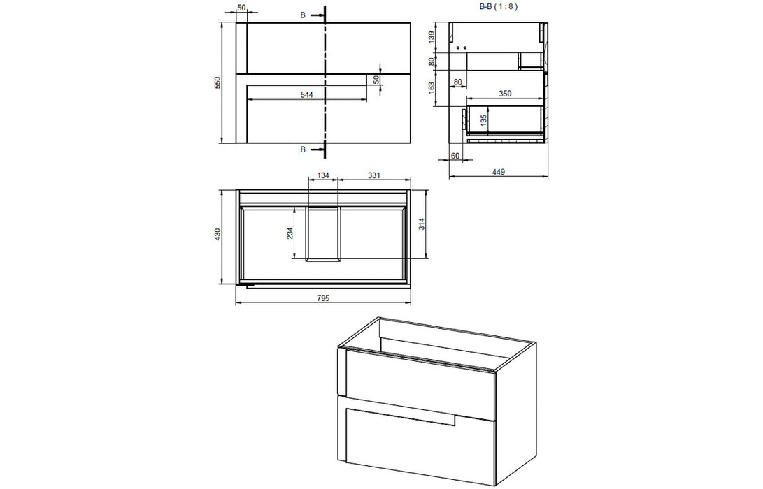 Contrast 815mm Wall Hung 2 Drawer Unit & White Basin Matt Black & Black Glass - DIFTP2332