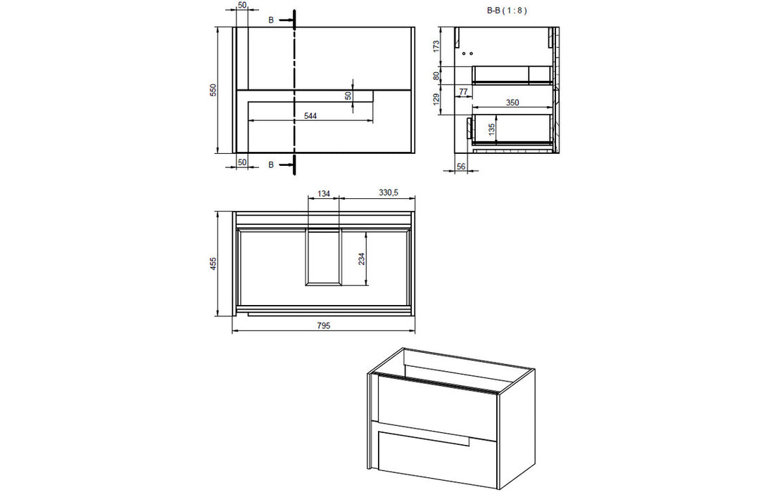 Contrast 815mm Wall Hung 2 Drawer Unit & White Basin Matt Cotton & Oak Effect - DIFTP2330