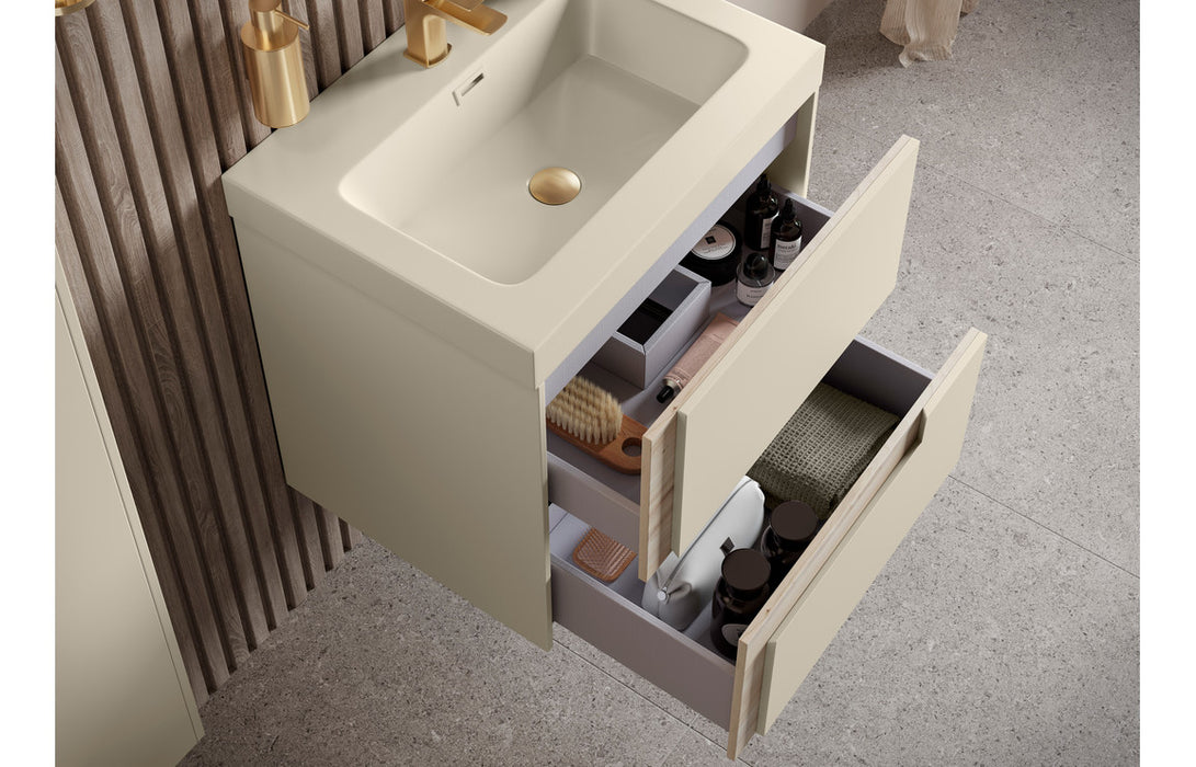 Contrast 605mm Wall Hung 2 Drawer Unit & Co-Ordinating Basin Matt Cotton & Oak Effect - DIFTP2306