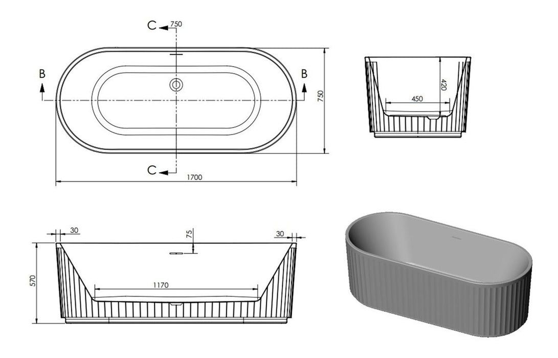 Striata Fluted Freestanding Bath 1700mm x 750mm - DIBF0090