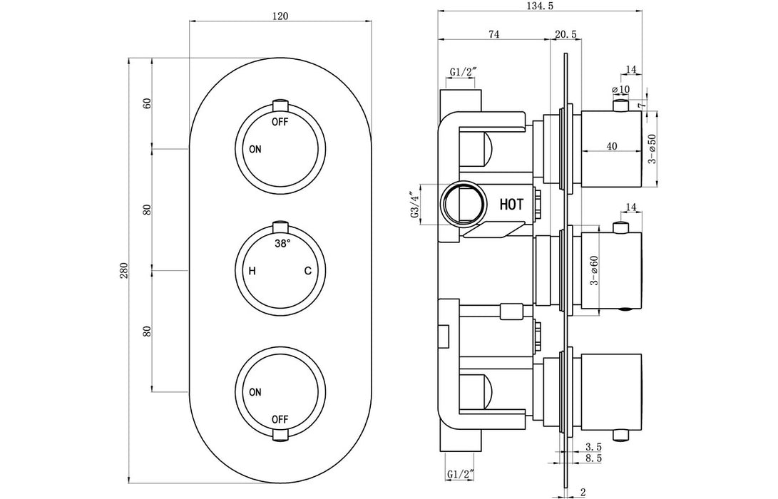 Astro Two Outlet Triple Shower Valve With Riser And Overhead Kit Chrome - DICMP0100