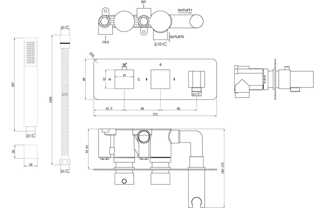 Lyra Two Outlet Twin Shower Valve And Handset ABS Overhead Shower Chrome - DICMP0112