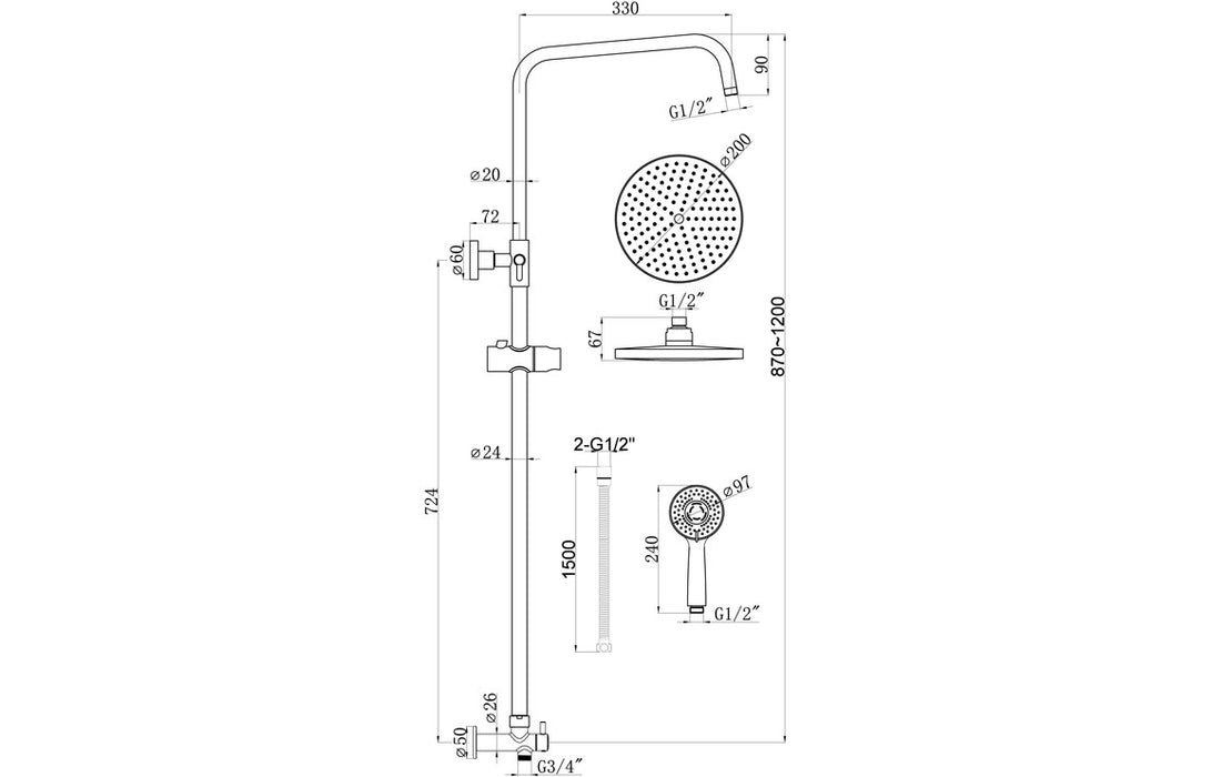 Astro Two Outlet Twin Shower Pack With Riser And Overhead Kit Chrome - DICMP0096