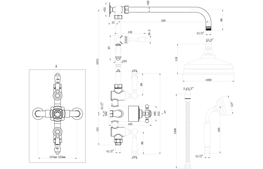 Berwick Traditional Exposed Two Outlet Shower Valve With Riser Kit And Overhead Chrome - DICM0690