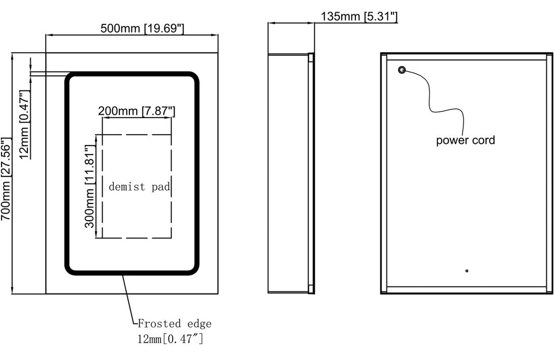 Rika 500 x 700mm 1 Door Front Lit LED Mirror Cabinet - DIMS0114