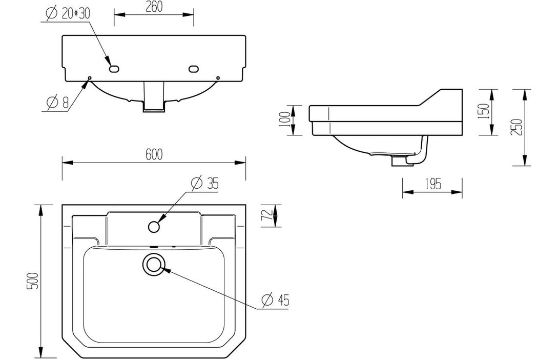 Sherbourne Chrome 600x500mm 1 TH Basin & Full Pedestal - DIPBP1148