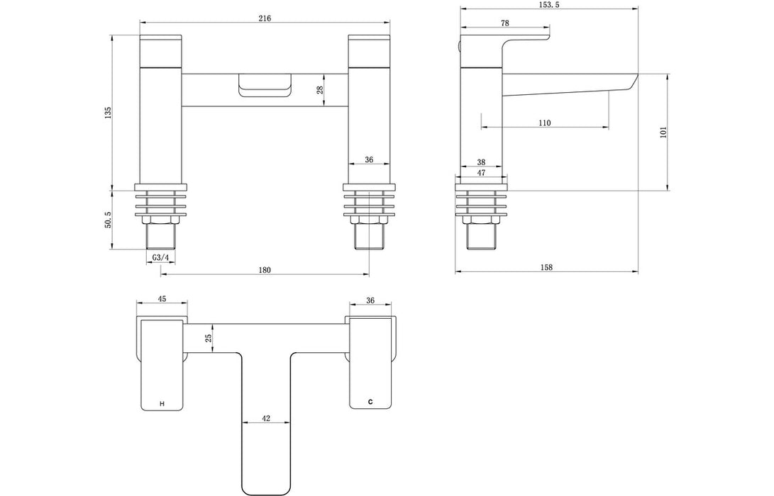 Berio 2TH Deck Mounted Bath Filler Chrome - DITB2152