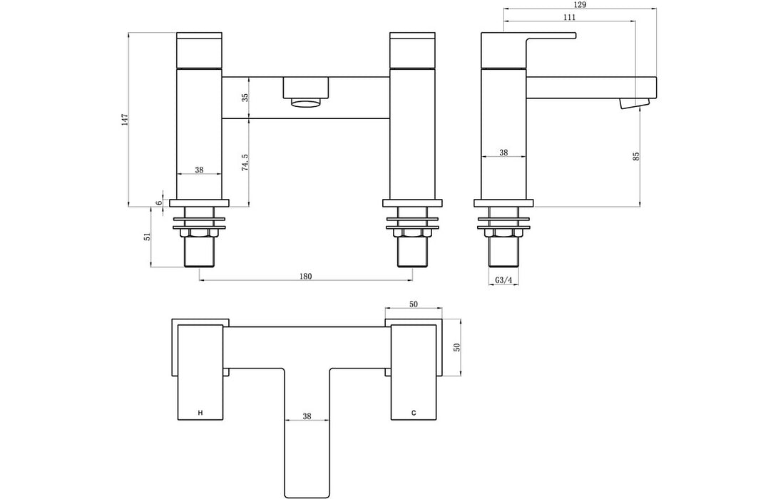 Zacara 2TH Deck Mounted Bath Filler Chrome - DITB2188