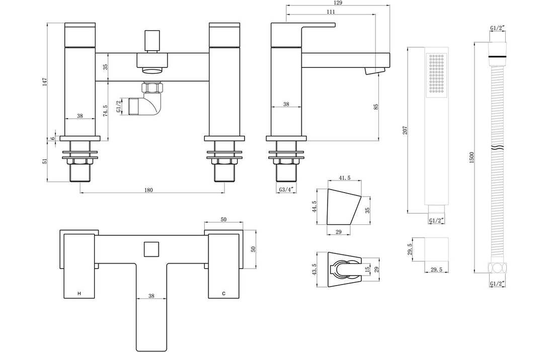 Zacara 2TH Deck Mounted Bath Shower Mixer Chrome - DITB2192