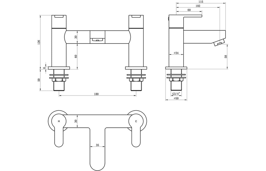 Abano 2TH Deck Mounted Bath Filler Chrome - DITB2200