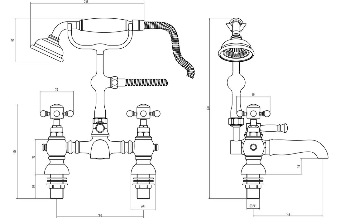 Tadlow 2TH Deck Mounted Bath Shower Mixer Chrome - DITB2250