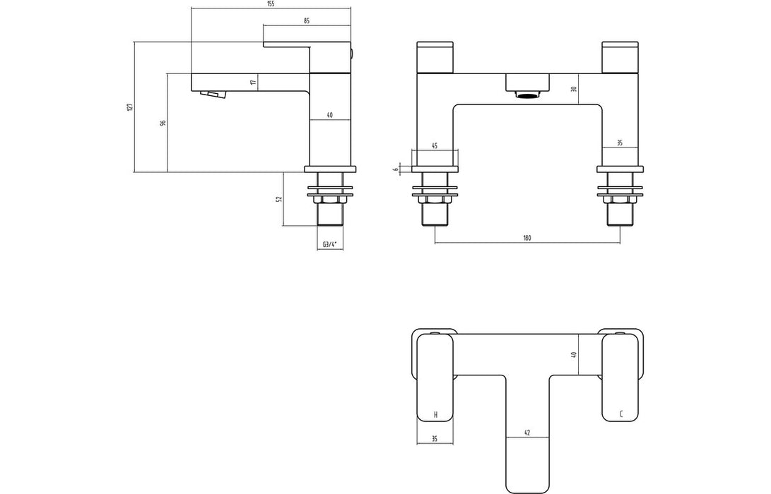 Adria 2TH Deck Mounted Bath Filler Chrome - DITB2254