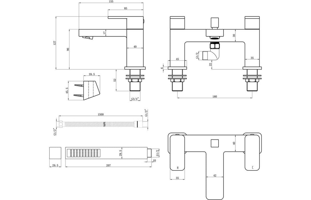 Adria 2TH Deck Mounted Bath Shower Mixer Chrome - DITB2256