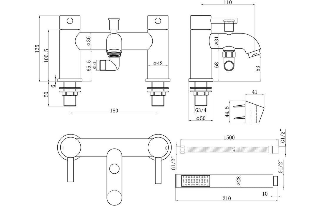 Pescara 2TH Deck Mounted Bath Shower Mixer Brushed Bronze - DITB1142