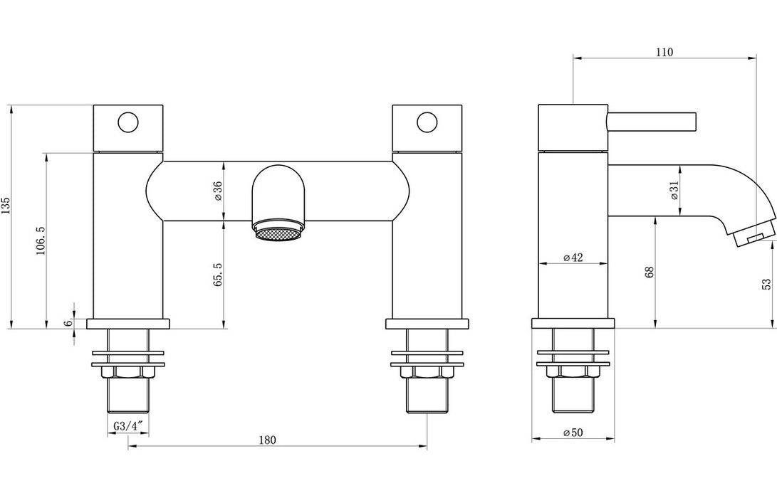 Pescara 2TH Deck Mounted Bath Filler Brushed Brass - DITB2270