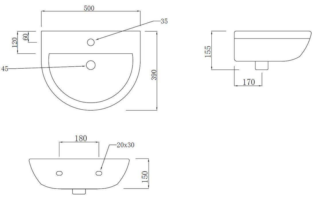 Laurus 500x390mm 1TH Basin & Full Pedestal - DIPBP1152