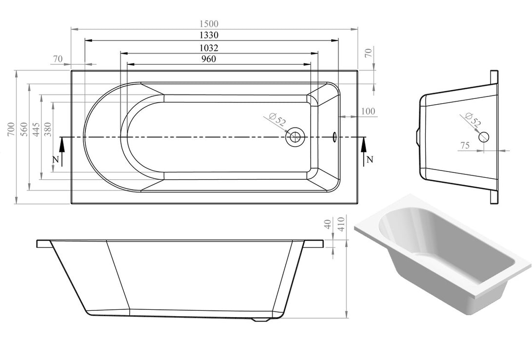 Miami Single Ended SUPERCAST Bath 1500 x 700mm - DIBSHP0006C