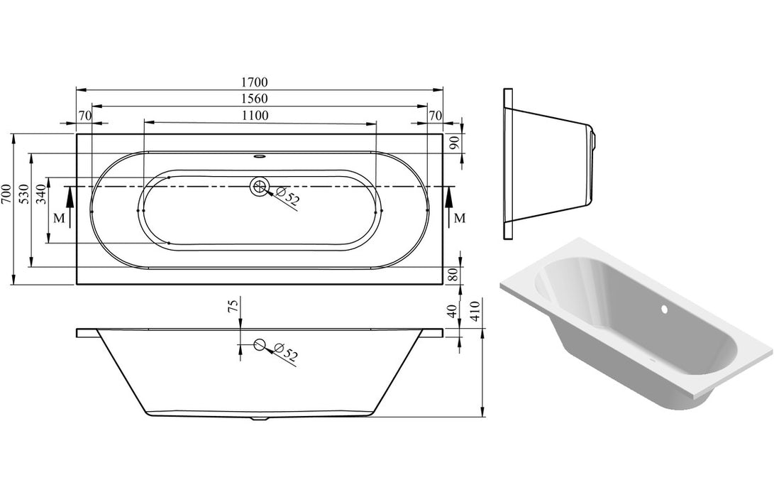 Miami Double Ended Bath 1700 x 700mm - DIBRP0050