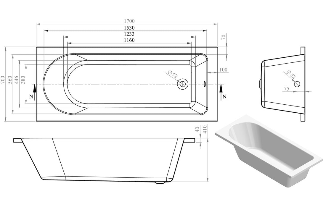 Miami Single Ended SUPERCAST Bath 1700 x 700mm - DIBSHP0010C