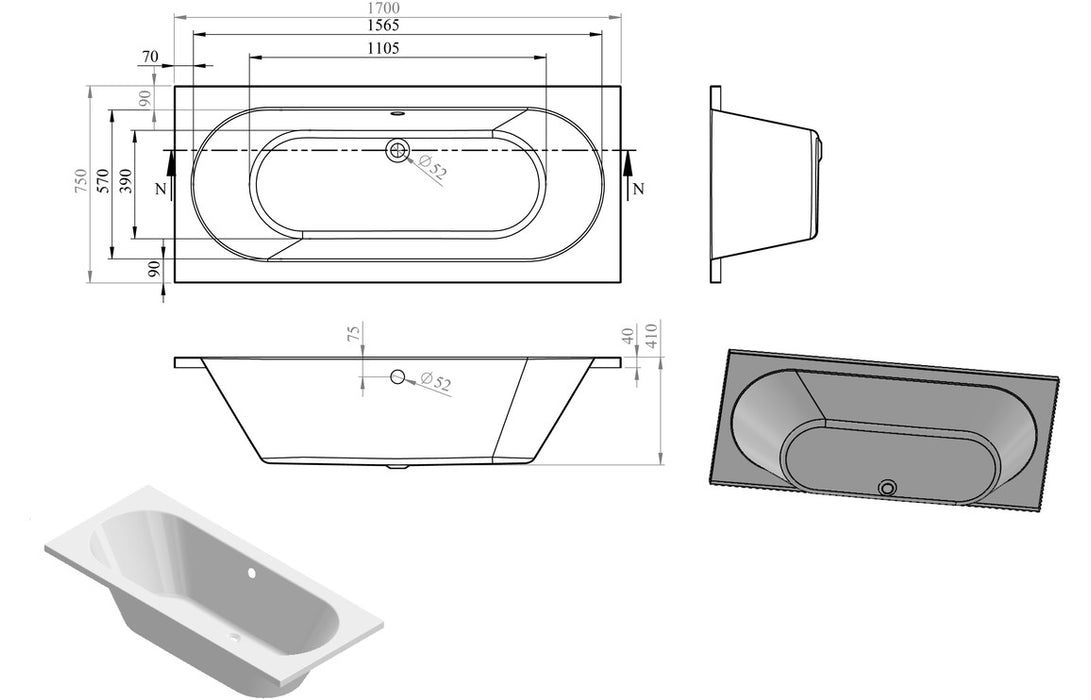 Miami SUPERCAST Double Ended Bath 1700 x 750mm - DIBRP2004C