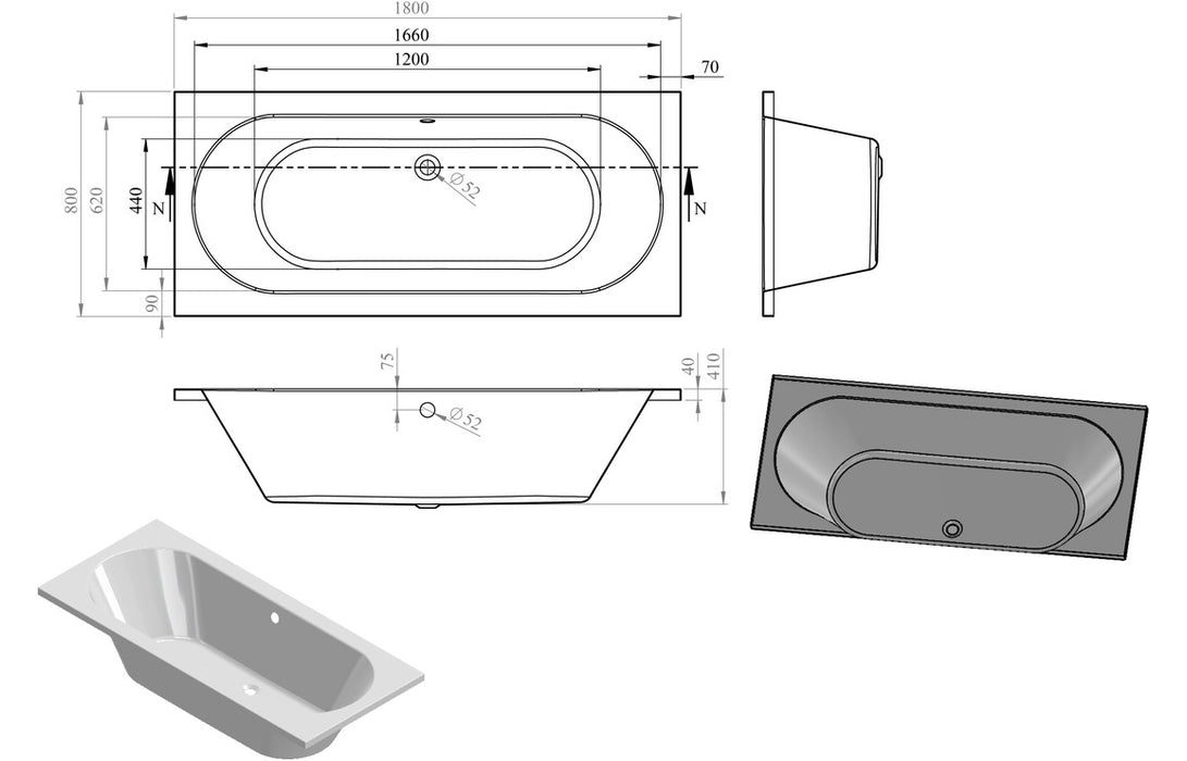 Miami SUPERCAST Double Ended Bath 1800 x 800mm - DIBRP2006C