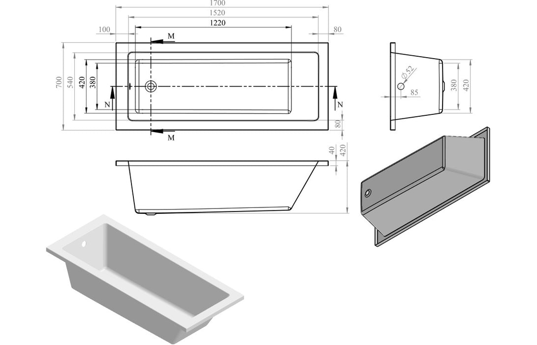 Navarre Single Ended SUPERCAST Bath 1700 x 700mm - DIBSHP0002C