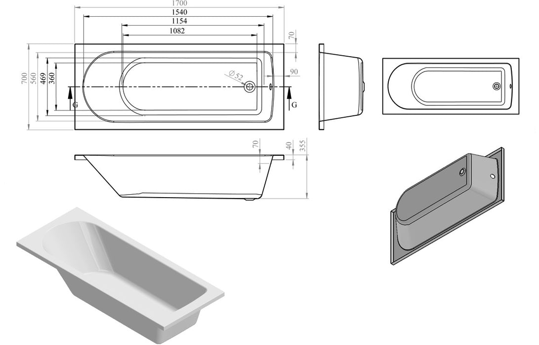 Pierson D Shape Single Ended SUPERCAST Bath 1700 x 700mm - DIBRP2034