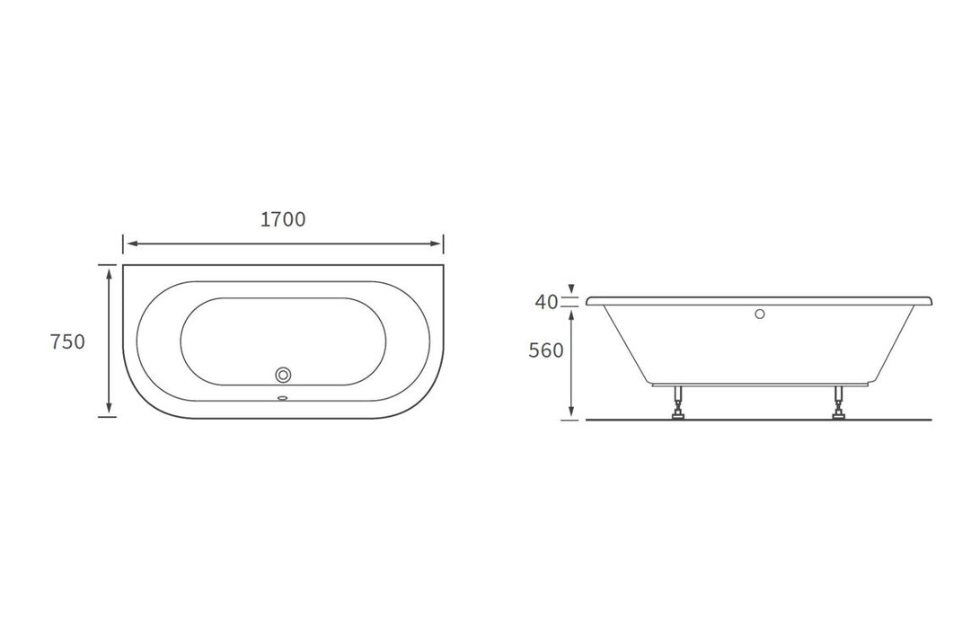 Sanibel Double Ended Modern Back To Wall Bath 1700 x 750mm - DIBRP0078